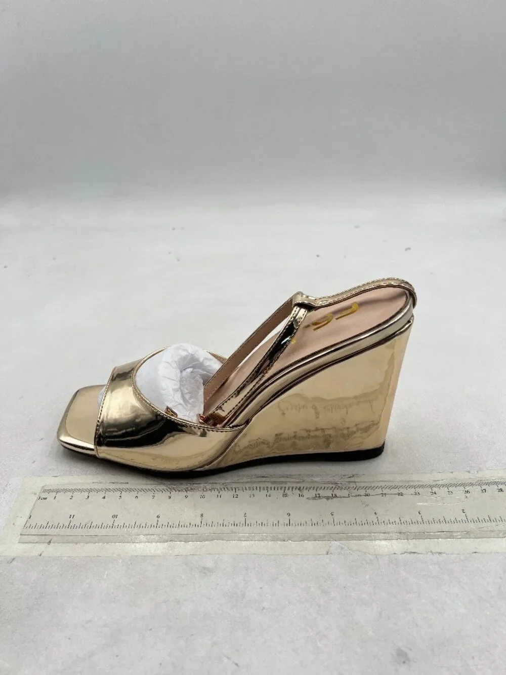 FSJ Gold Metallic Square Toe Ankle Strap High Heel Wedge Sandals
